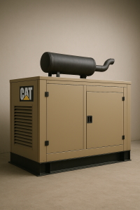 Generator enclosure with acoustic treatment and exhaust muffler for noise control