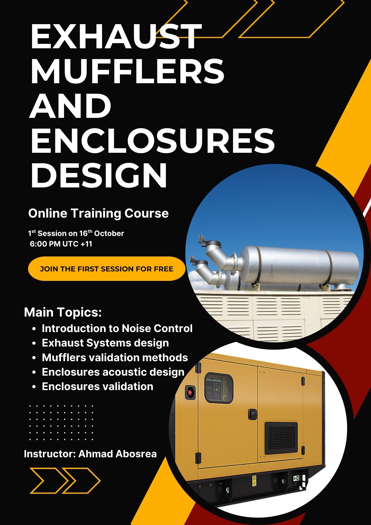 A flyer for a training on mufflers and generators enclosure design